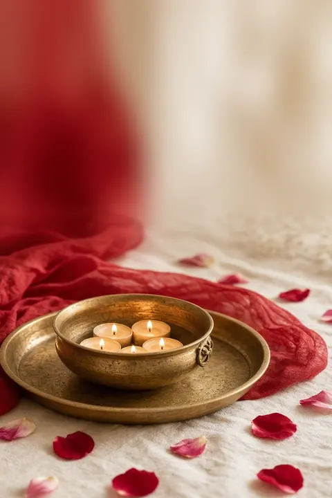 Vorlage Kına · Creme: Henna-Schale mit Kerzen, roter Schleier und Goldtablett, hell und warm statt dunkel. Zweisprachig Türkisch und Deutsch.