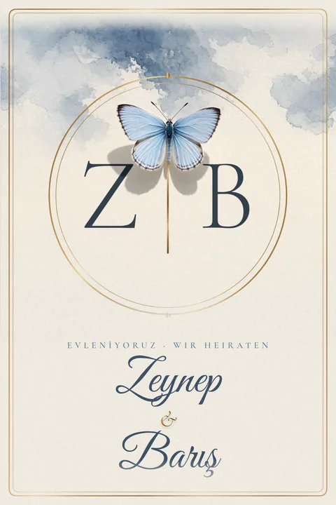 Vorlage Mavi Kelebek: geöffnete Einladung, ein hellblauer Schmetterling sitzt auf dem goldenen Monogramm Z und B, darunter Zeynep und Barış.